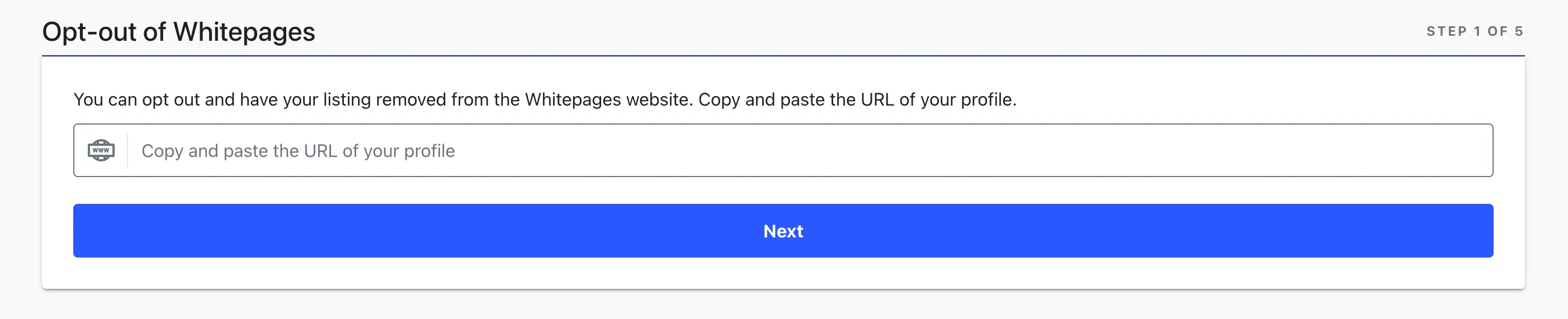 Screenshot of the Whitepages online opt-out website with a form asking for the URL of the profile you want removed
